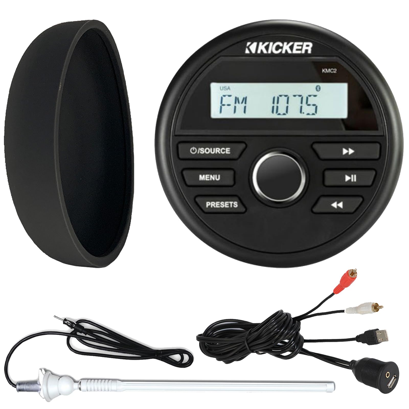 KICKER 46KMC2 Marine Bluetooth All-Weather AM/FM USB/AUX Gauge Style Media Center Receiver W/Black Cover Bundle Combo with USB/AUX 3.5MM Auxiliary Interface Adapter, White Long Range Radio Antenna