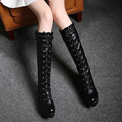 Hbeylia Platform Knee High Combat Boots For Women Ladies Fashion Punk Goth Leather Lace Up Round Toe Wedge Chunky Block High Heels Knee Length Long Boots Vintage Gothic Motorcycle Riding Tall Boots2