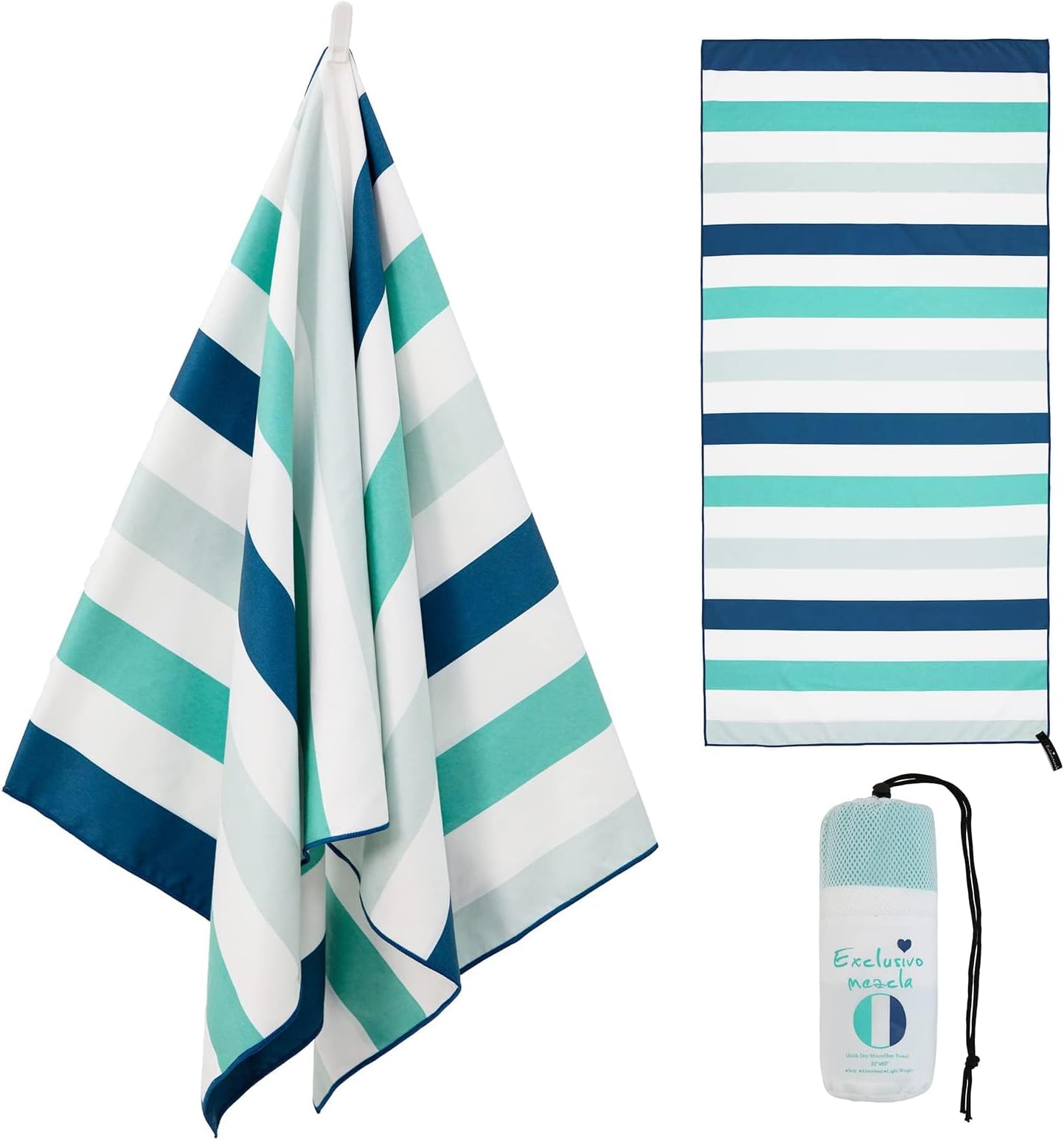 Exclusivo Mezcla Large Microfiber Quick Dry Beach Towel, Lightweight Sand-Free Cabana Stripe Pool Travel Camping Towel with Bag (Green, 30x60 Inches)