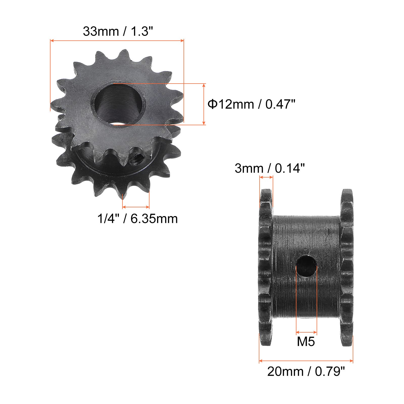sourcing map 15 Dent #25 Chaîne Rouleau Pignon, Double Brin 1/4" Pas, 12mm Alésage Noir Oxyde C45 Carbone Acier pour ISO 04C Chaînes