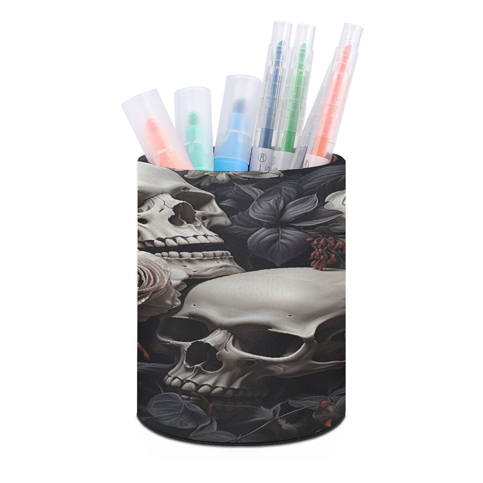 VstaDank Black And White Flowers And Skull Pen Holder for Desk Makeup Brush Holders Stylish Pen Cup Cute Pencil Cup Round Pencil Holder Decor Brush Scissor Holders for Multifunctional Office Supplies