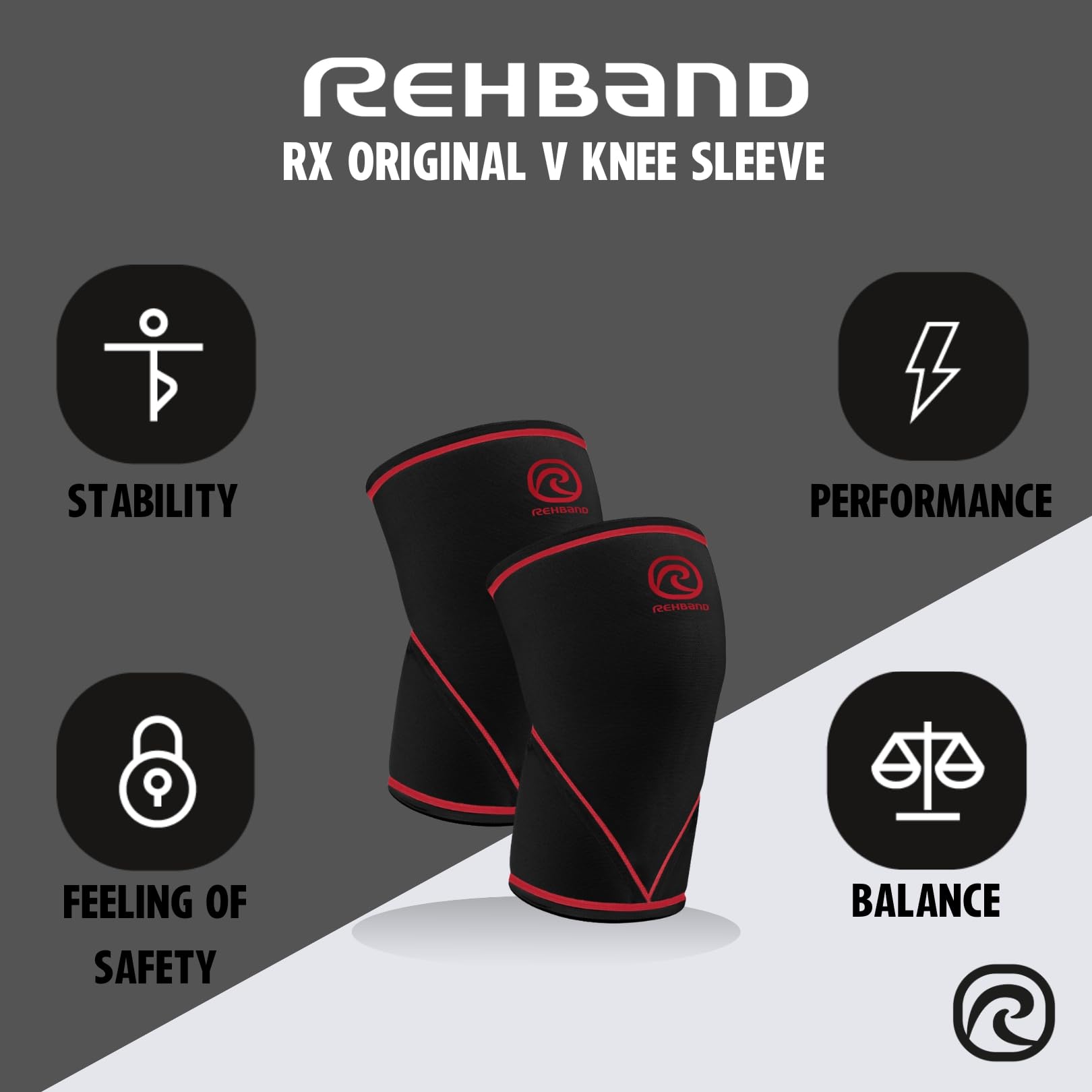 Rehband Classic V-Knee-Sleeve 7 mm para halterofilia, rodillera de powerlifting grado competición, manga de compresión para CrossFit, sentadillas y gimnasio, Color:Negro/Rojo - 1 Par, Talla:L