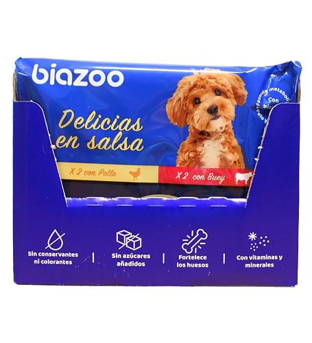 Biazoo - Pack 12 uds - Comida húmeda para Perros- Delicias fileteadas Pollo y Buey Grain Free 4 Pouches x 100…
