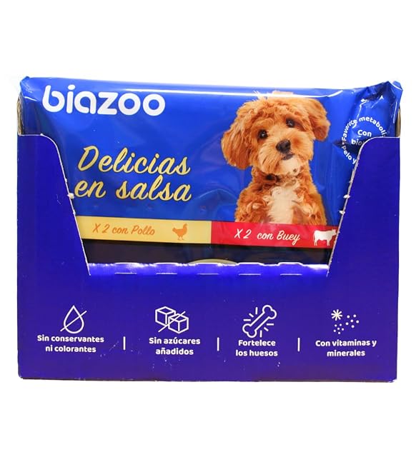 Biazoo - Pack 12 uds - Comida húmeda para Perros- Delicias fileteadas Pollo y Buey Grain Free 4 Pouches x 100…