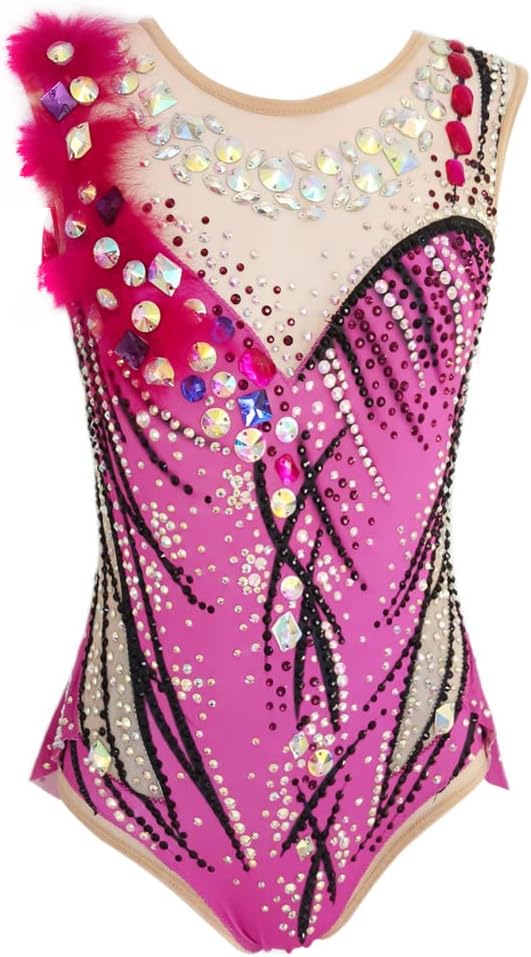 LIUHUO Rhythmic Gymnastics Leotards Pink Three-dimensional Artificial Flower Girl Competition Performance, Pink, XS - View #11