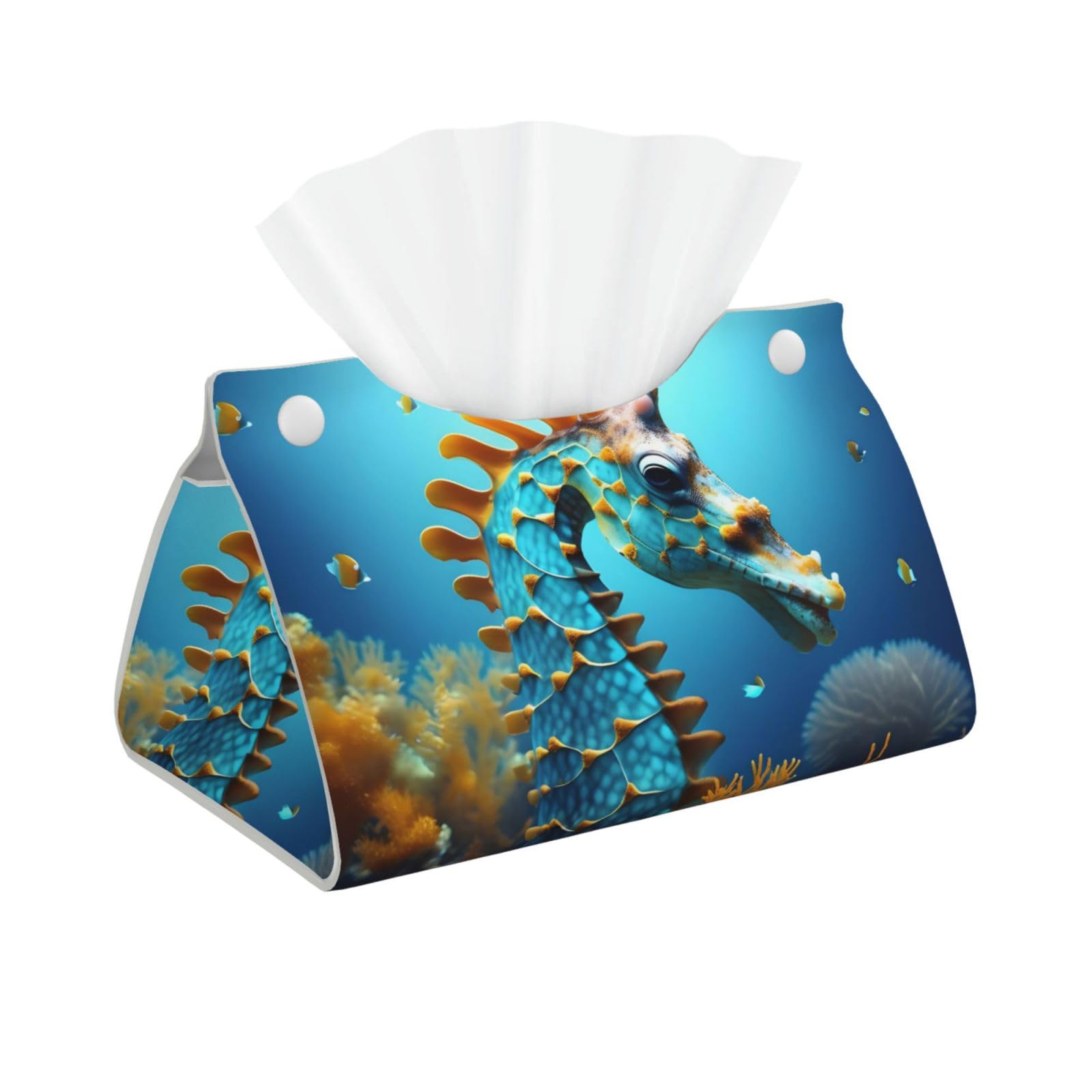 Blue Seahorse Rectangular Leather Tissue Box Cover, Folding Facial Tissue Holder Dispenser for Car