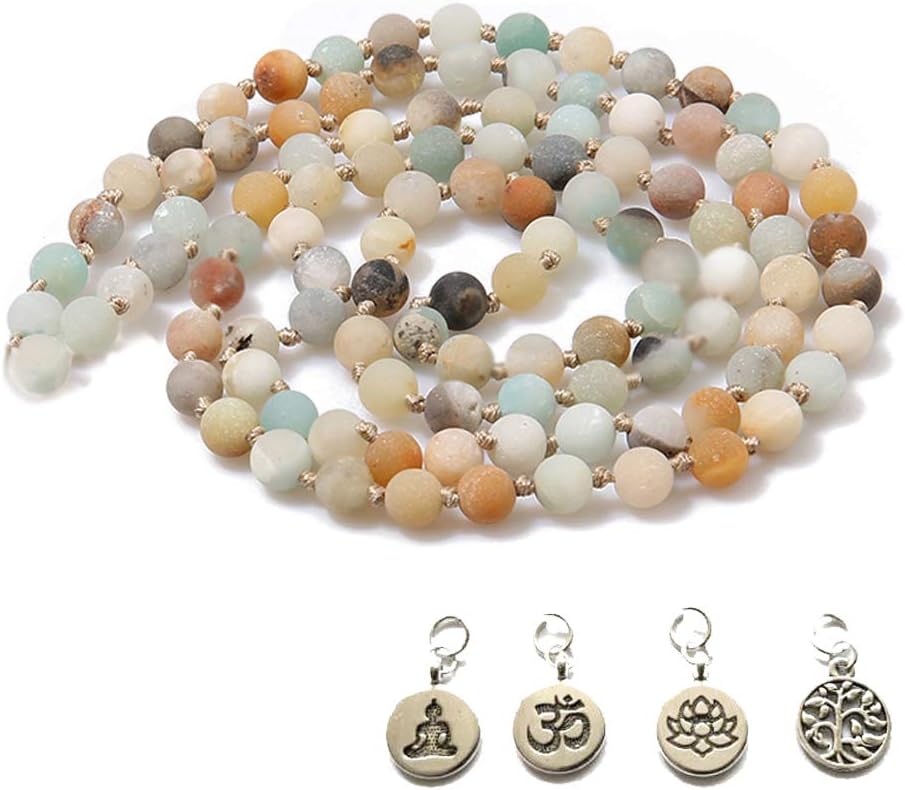 BALIBALI8MM 108 Mala Beads Necklace Semi-Precious Gem Stones Mala Meditation Necklace 108 Hand Knotted Japa Yoga Beaded Necklace