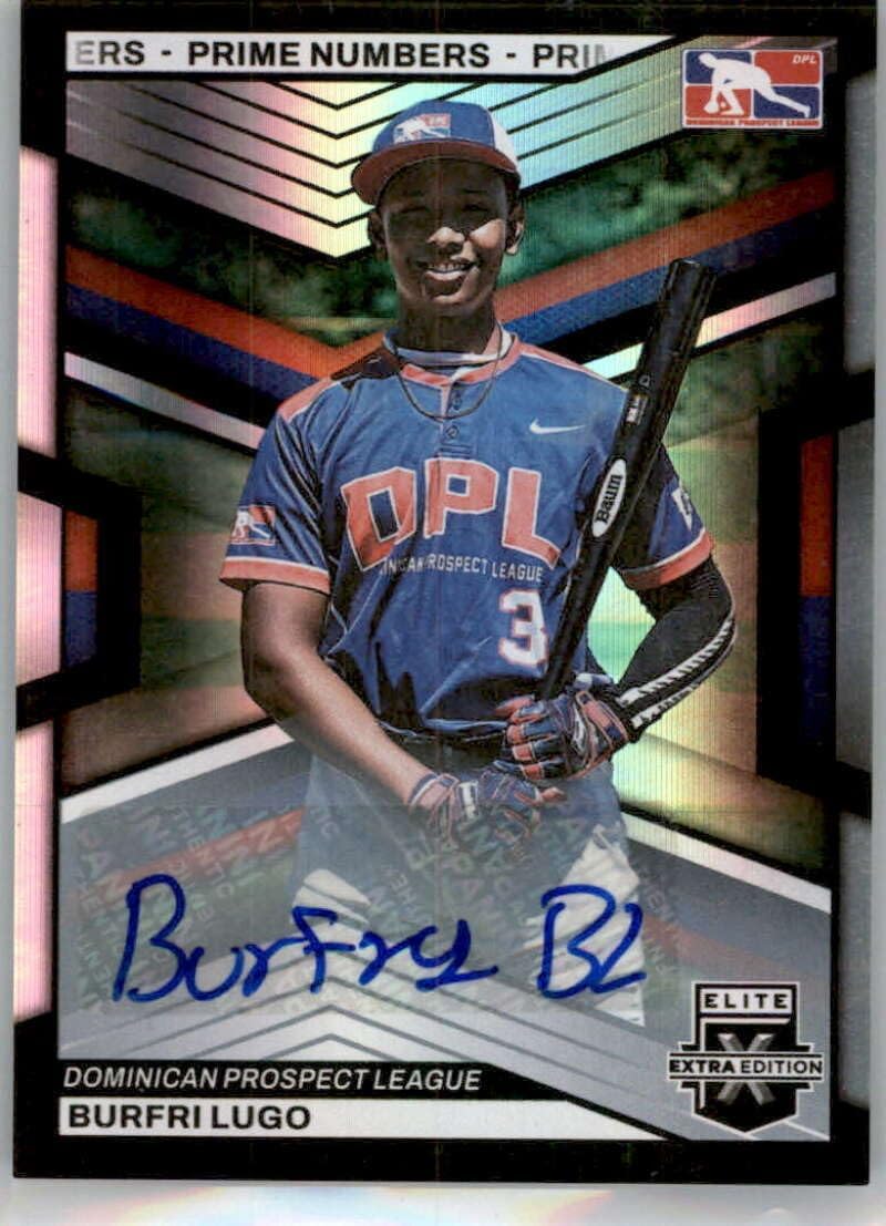 2023 Panini Elite Extra Edition Signatures Prime Numbers C #196 Burfri Lugo Auto Autograph SER/9 Dominican Prospect League Official Pre MLB Rookie Prospect Baseball Card in Raw (NM or Better) Condition