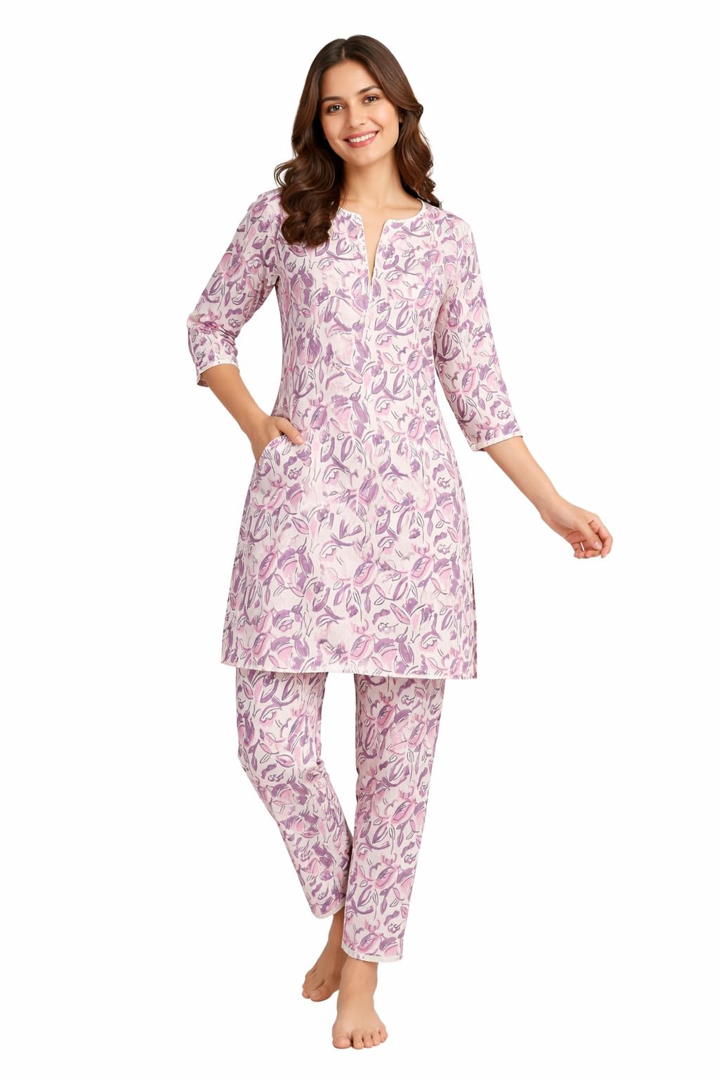 Women's Pure Cotton Printed Long Length Night Suit Set