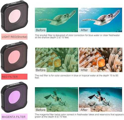 Miniatura 2 de QKOO Filtro submarino rojorosamagenta para GoPro Hero 11 10 9 negro (reemplaza directamente la lente protectora estándar de tu cámara)