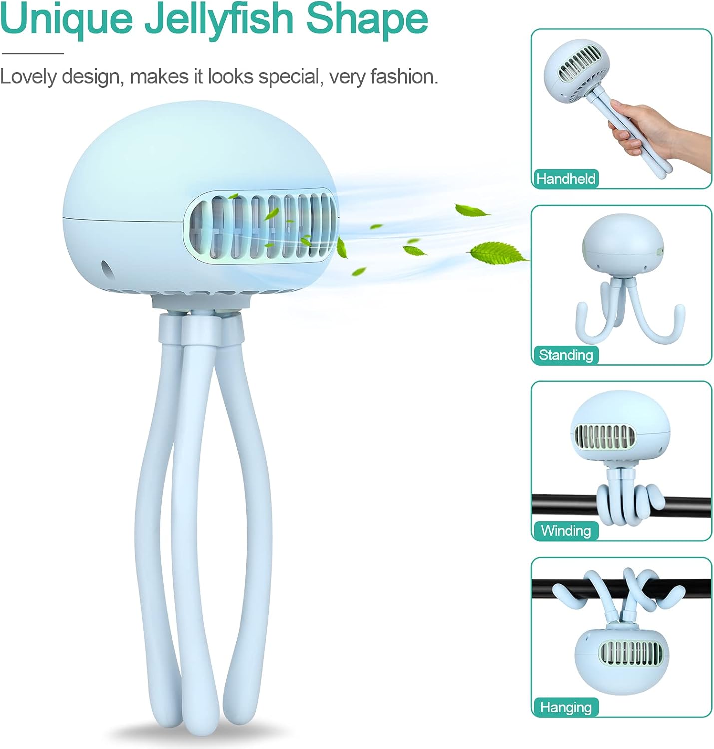 YND Stroller Fan Rechargeable Bladeless Portable Fan Mini Handheld Fan with Flexible Tripod, Battery Operated Fan Jellyfish Shape Design 3 Speeds USB Personal Fan for Tent Car Seat Treadmill (Blue) : Baby