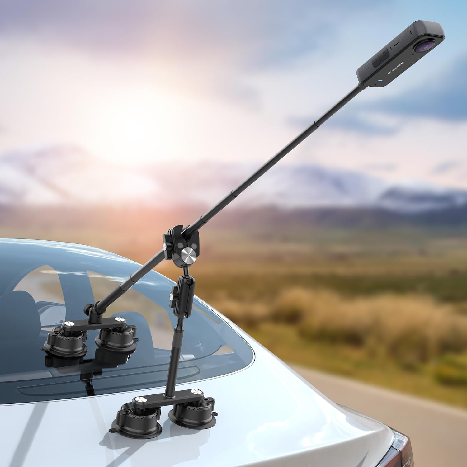 Camera Mount for Insta360 X4/X3/X2, GoPro & DJI, 4-Suction Cup | Heavy Duty Aluminum Alloy, 47" Telescopic Arm, 360° Ball Head
