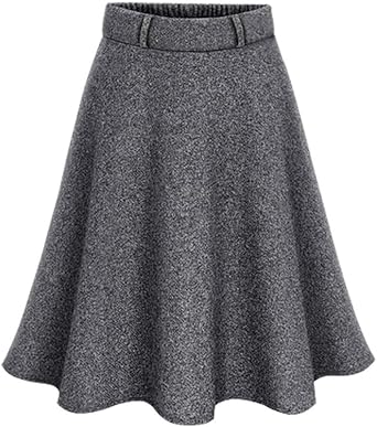Womens Pleated Aline Wool Elastic High Waist Flare Swing Flowy Knee Length Winter Skirts