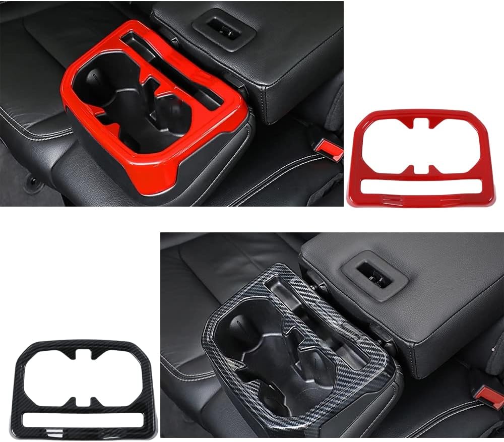 Compatible with Car Rear Water Cup Holder Frame Cover Trim, Seat Armrest, Compatible with Jeep Wrangler JL 2018-2022, Red(Carbon Fiber,Carbon Fiber)