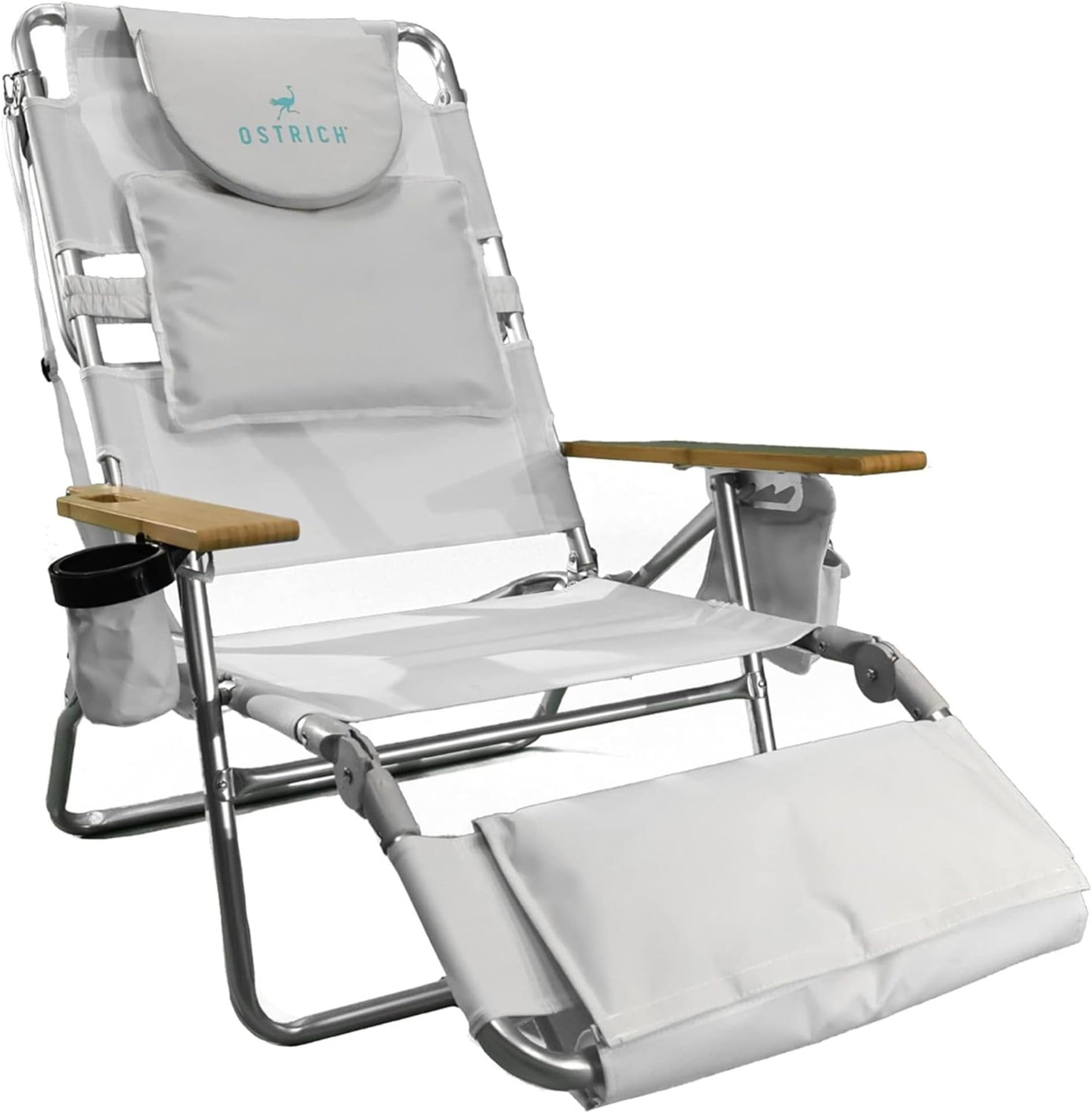 Ostrich the Deluxe 3N1 Reclining Lounge Chair, Folding Outdoor Lounger and Extra-Wide Beach Chair with Wooden Armrests and Face Hole, White