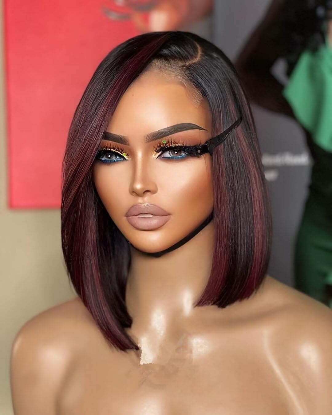 Highlight Burgundy Color Short Bob Human Hair Wigs HD Invisible 13X4 Lace Front Wigs Side Part Bob Straight Human Hair Wigs 150% Density Brazilian Hair Ombre Colored Glueless Wigs #99j 10Inch