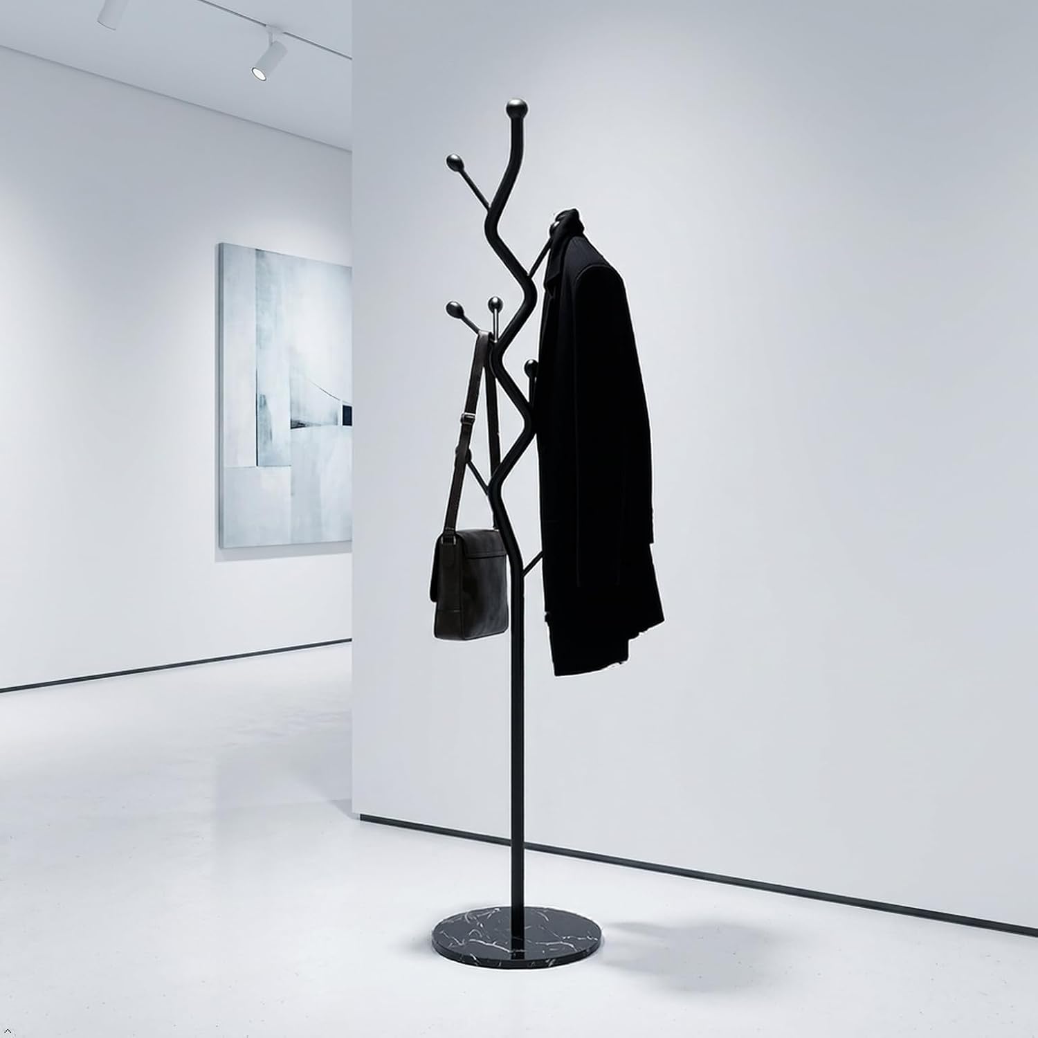 Modern Tree Shaped Metal Coat Rack Tree, Freestanding Metal Hall Tree with Sturdy Marble Base, Multi-Hook Entryway Organizer for Hallway, Bedroom, Living Room (All Black)