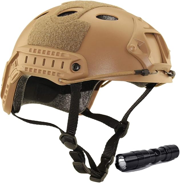 QMFIVE Tactical Helmet, Airsoft Army Military Style PJ Type Fast Helmet with NVG Mount Goggles for CQB Shooting Paintball (Desert+light)