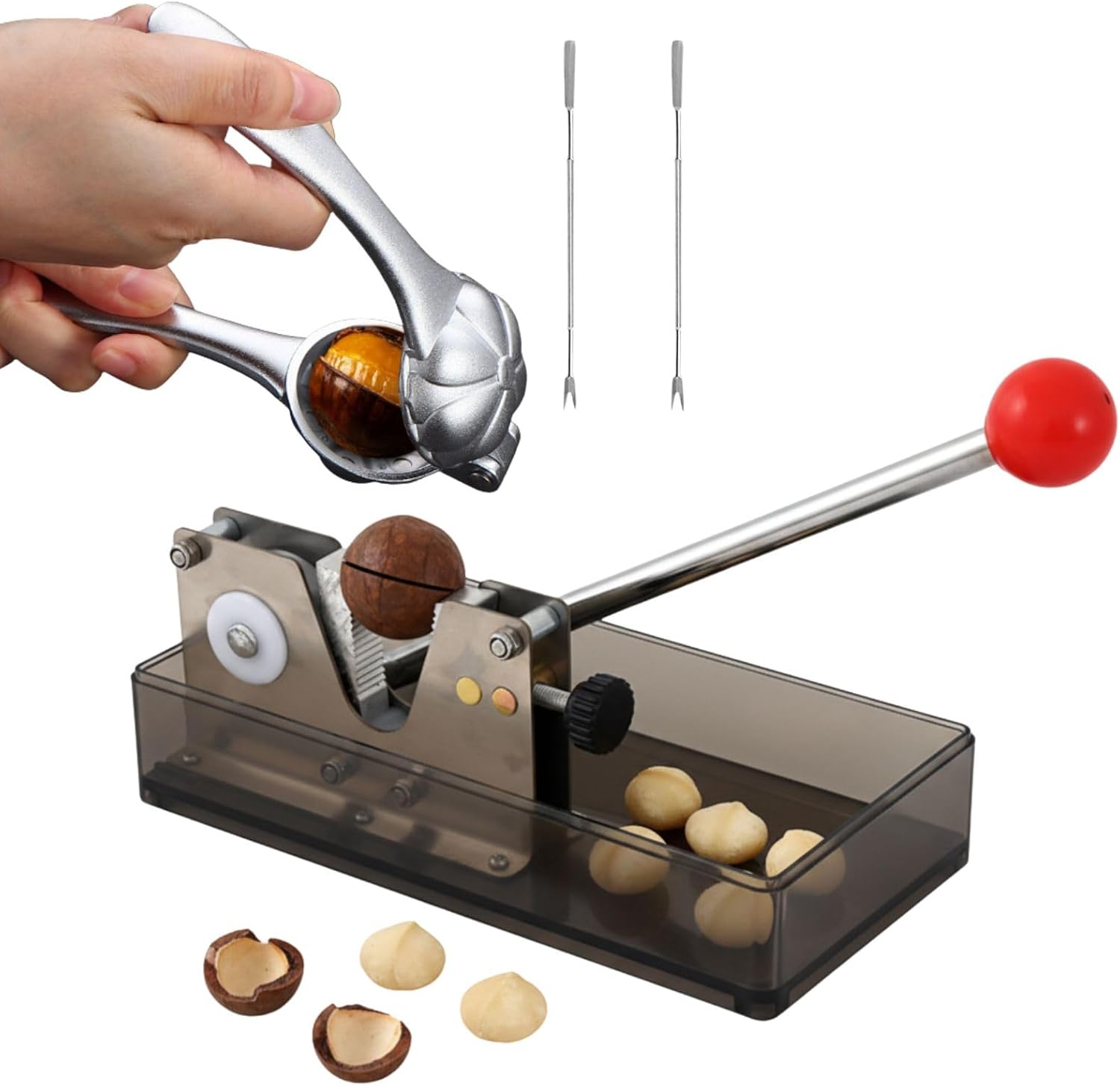 Nut Crackers for All Nuts, Universal Adjustable 304 Stainless Steel Heavy Duty Nutcracker, Includes Chestnut Clip & 2 Picks, for Black Walnuts, Macadamias and Pecans