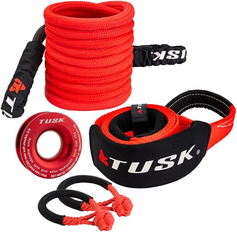 Tusk Heavy Duty UTV/ATV Kinetic Recovery Kit with Kinetic Rope (5/8” x 20’) Tree Strap (3' X 8') Aluminum Snatch Recovery Ring and Two Shackles (Stage 3, Synthetic)