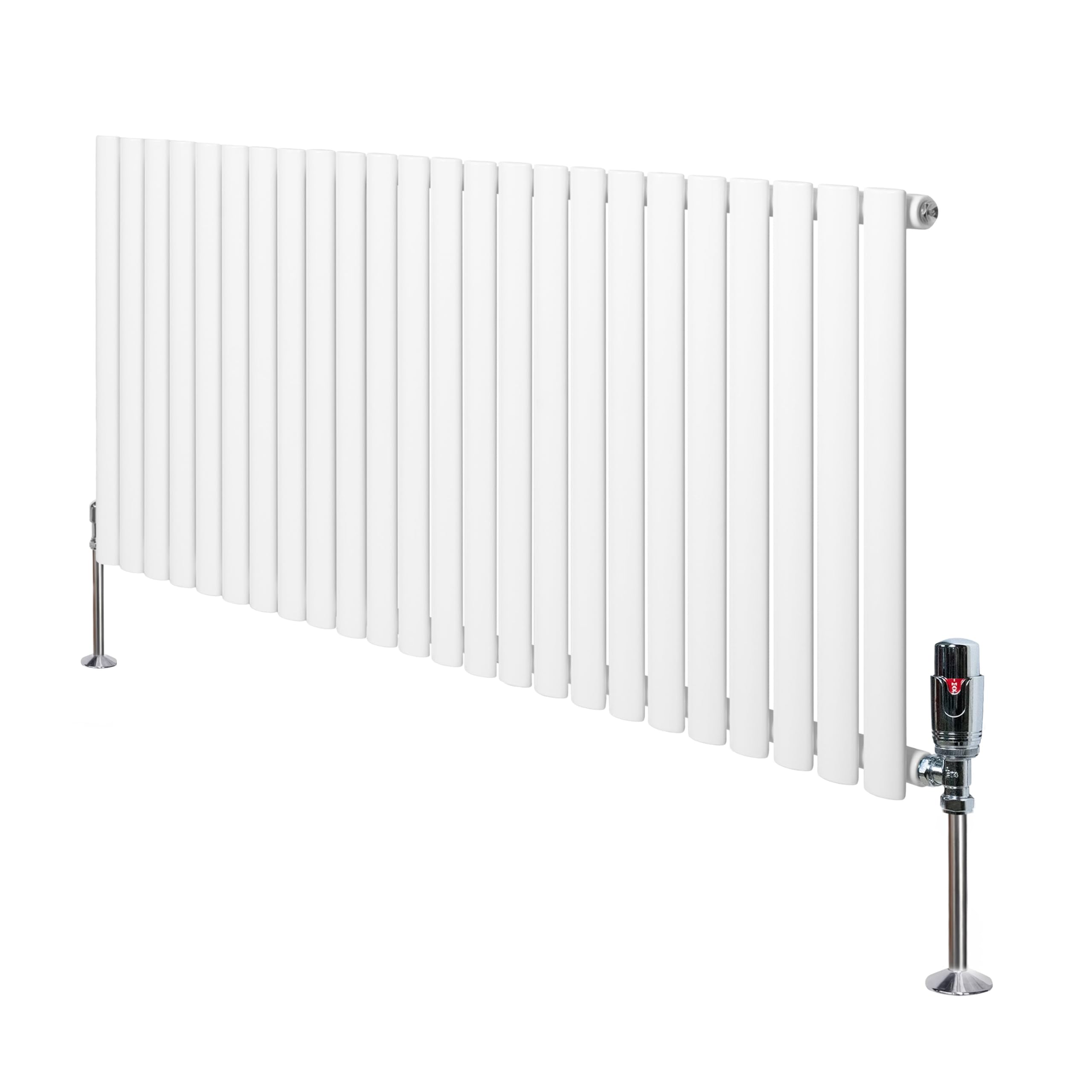 Oval Single Column Radiator 600mm x 1440mm & TRV Chrome Valves Modern Designer Single Panel Central Heating Heater White Carbon Steel Horizontal Free Cleaning Brush Fixing Kit & Brackets