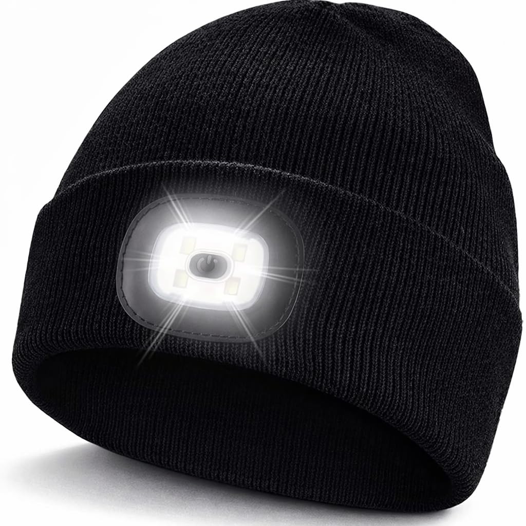 Navoys Headlight Beanie Hat - USB Rechargeable, Unisex, Winter Headlamp, 3 Brightness Settings 40/60/120 Lumens, Head Torch for Men and Women, Runners Walkers Tradesmen, Hiking Accessories (Black)