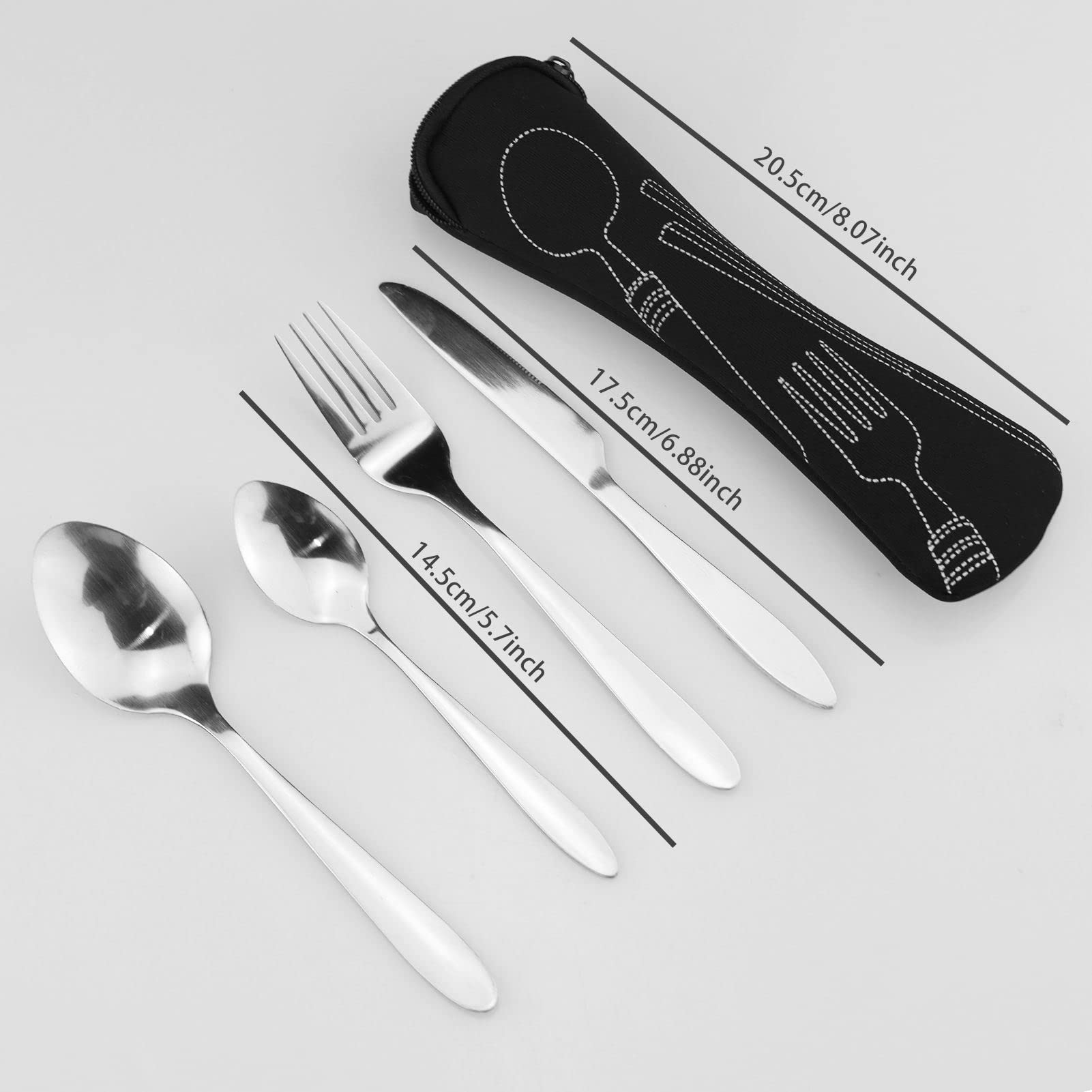 5 Pezzi Posate con Borsa portatile, Posate in acciaio inox,Set Utensili campeggio,Forchetta e Cucchiaio Posate,Argento Stoviglie Alta qualità,Per viaggi, picnic, ufficio