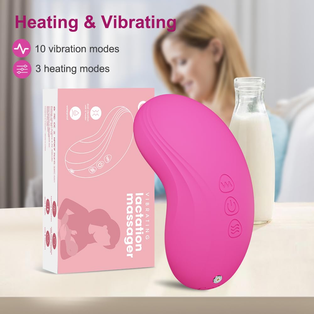 DrBash 2-in-1 Lactation Massager – Soft Breast Massager for Breastfeeding, Heat + Vibration for Milk Flow, Engorgement & Clogged Duct Relief – Apps Controlled (Pink)