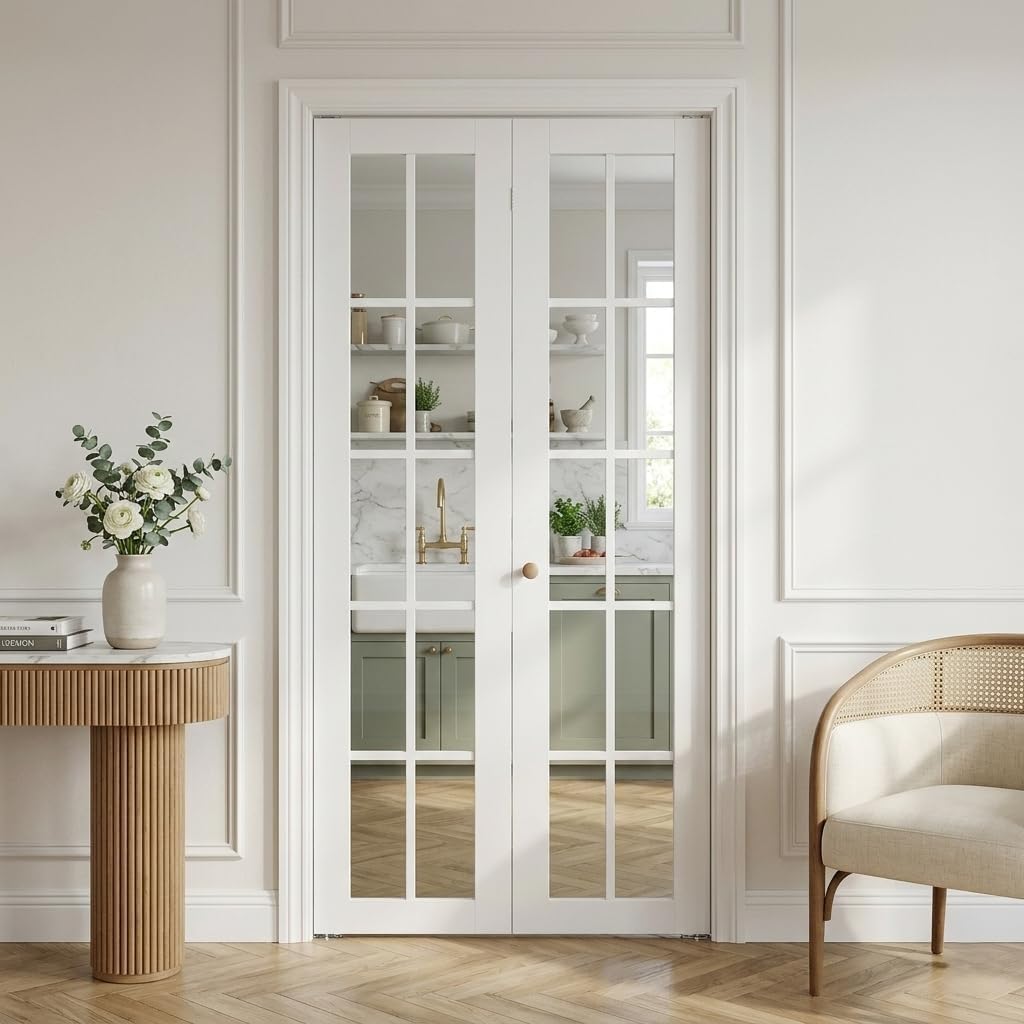 Bifold Door, for 48"x 80" Opening,Clear Glass and Solid Manufactured Wood Pre-drilled Folding Closet Door with Hardware Kit