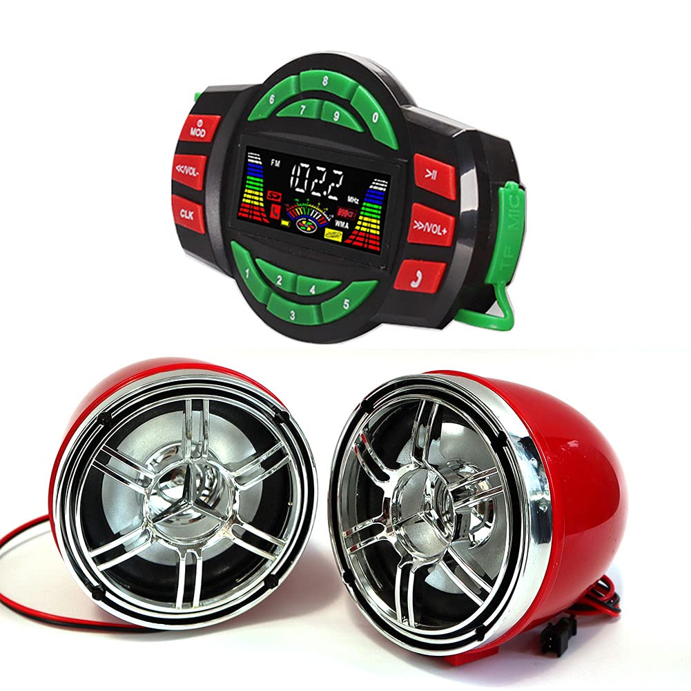 UTV ATV Bluetooth Amplifier Sound System Hand-Free Speakers FM USB Audio System Stereo 3 Inch Speakers 12V Motorcycle Waterproof Audio FM Radio Stereo Speaker (Chrome&amp;Red Speaker)