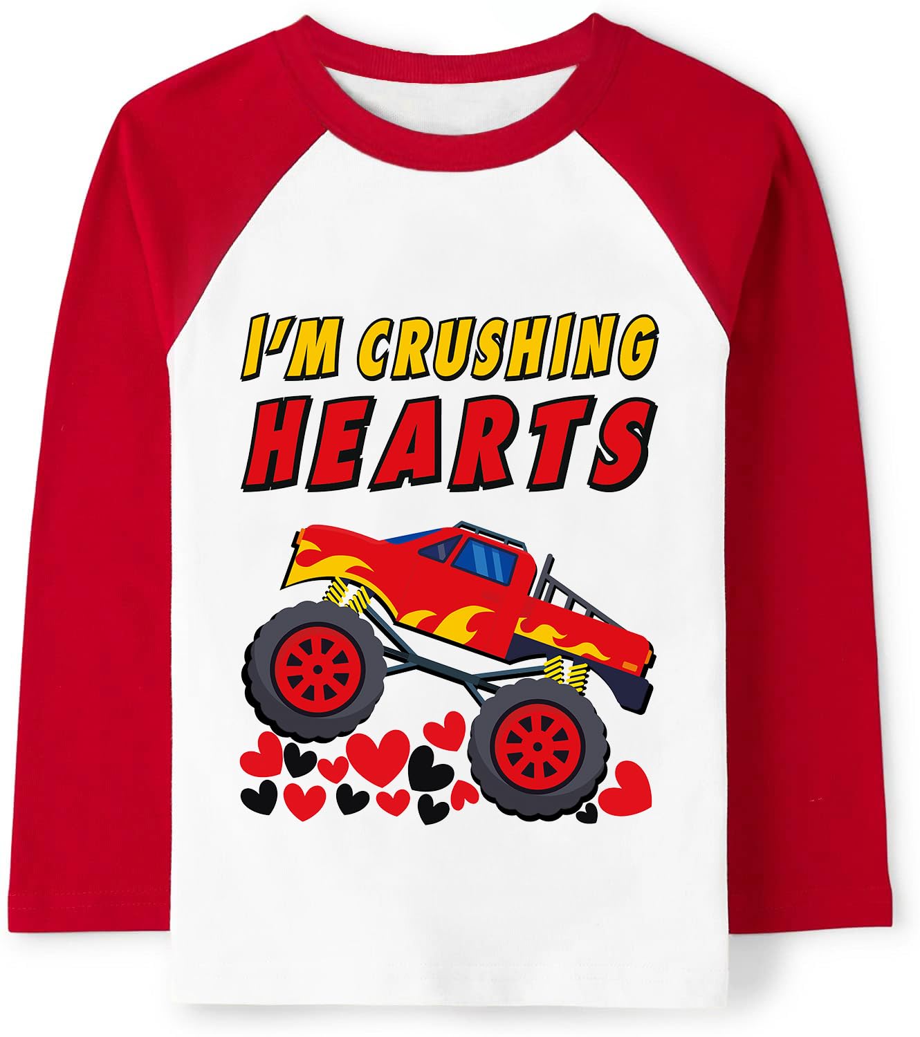 Tkria Boys Girls Valentine Shirts Raglan Long Sleeve Monster Truck Dinosaur Candy Love Heart Tops for Kids 2-10T