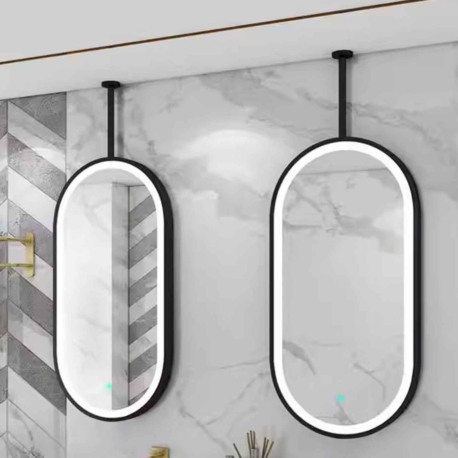 FGXHHS Oval Lighted Mirror for Bathroom Ceiling Mounted Modern Decor Black Metal Frame Mirrors Over Sink - 3 Colors Dimmable Light 1 PC(50cmx100cm)