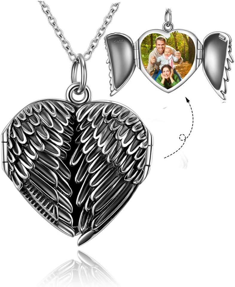 GOXO Heart Shaped Locket Pendant Necklace Sterling Silver Retro Wing Necklace That Holds Pictures for Women Men 18"