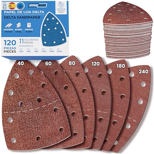 EffektWerk - Lijas Delta - Paquete de 120, 11 Agujeros - Almohadillas de Lijado Triangulares 105 x 152mm para Máquinas de Lijado Triangulares - Varios Tamaños de Grano (40, 60, 80, 120, 180, 240)