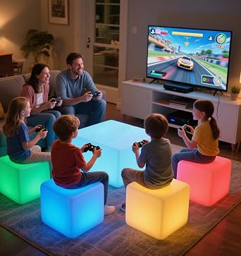 6-inch LED Cube Light and 16-inch LED Cube Chair Seat, Rechargeable, Remote Control, Dimmable 16 RGB Colors 4 Modes, Waterproof, Great as Night Light Mood Lamp Ambient Lighting Decorations