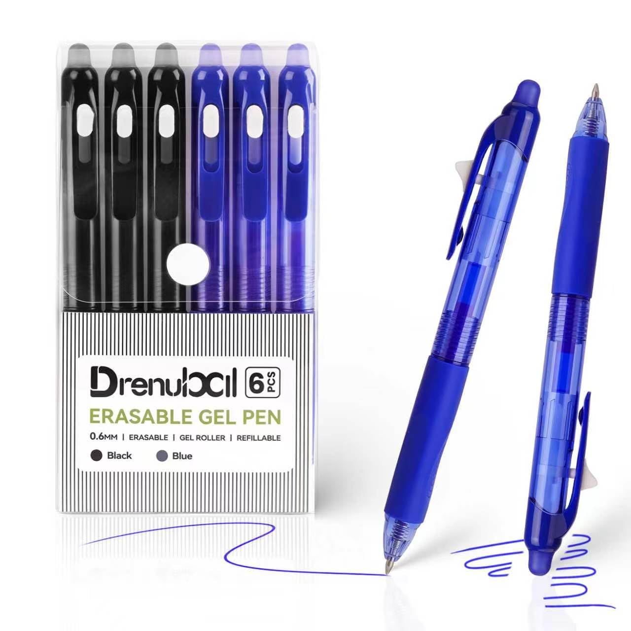 6 Pcs Retractable Erasable Gel Pens, Black Blue 0.7mm Fine Point