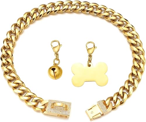 Miniatura 3 de Collar de cadena de oro para perro, collar de cadena de eslabones cubanos de 18 quilates con etiqueta de identificación de perro y campana de 0.591