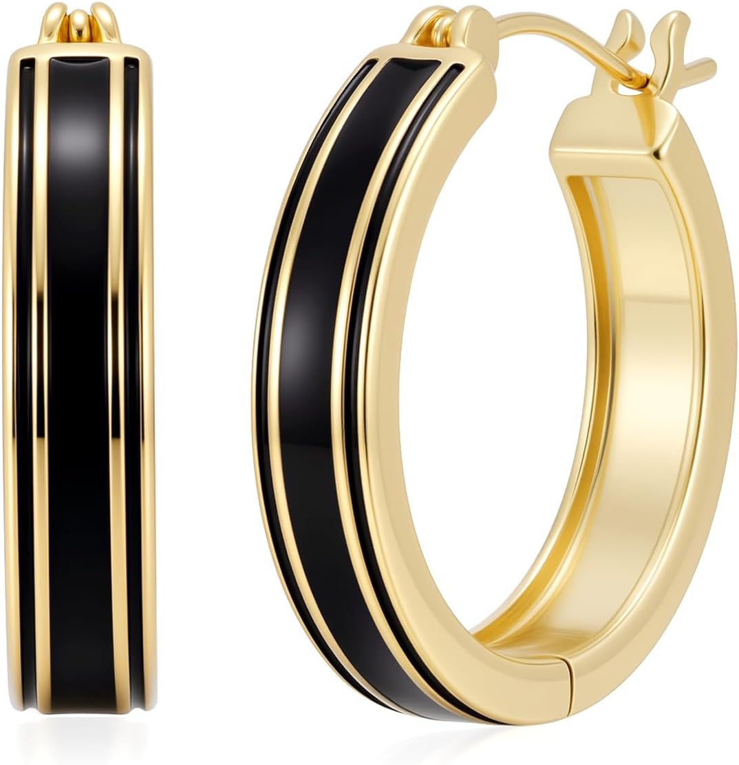 Ohslya Gold Plated Hoop Earrings for Women 14K Gold Black and Gold Earrings Women's Hoops Earring Trendy Hypoallergenic Earrings for Womens 25mm