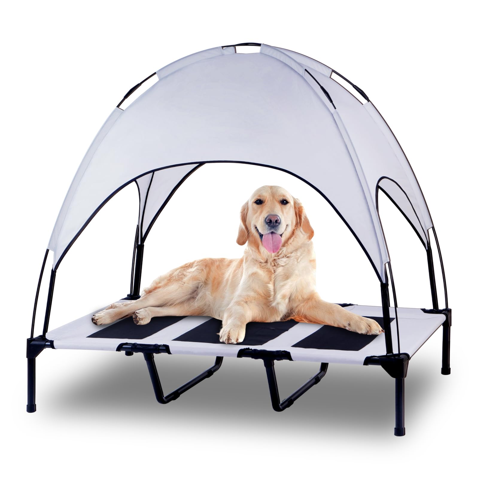 Elevated Outdoor Dog Bed with Canopy, Raised Removable Cover Cooling Dog Beds with Waterpoof Shade Dog Tent Outside Portable Dog Cot for Large Dogs Pet (Light Grey)