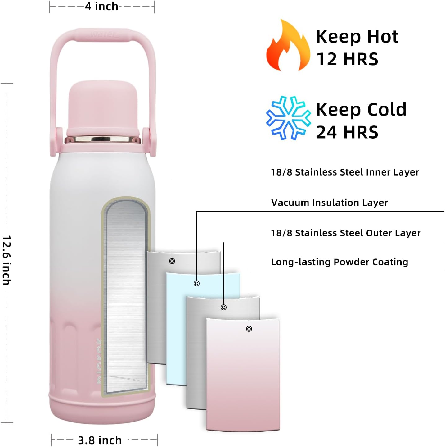 BJPKPK Insulated 50oz Thermal Water Bottle with Lid and Carry Handle Dishwasher Safe Stainless Steel Water Bottles for Outdoor,Pink Pearl - Image 2