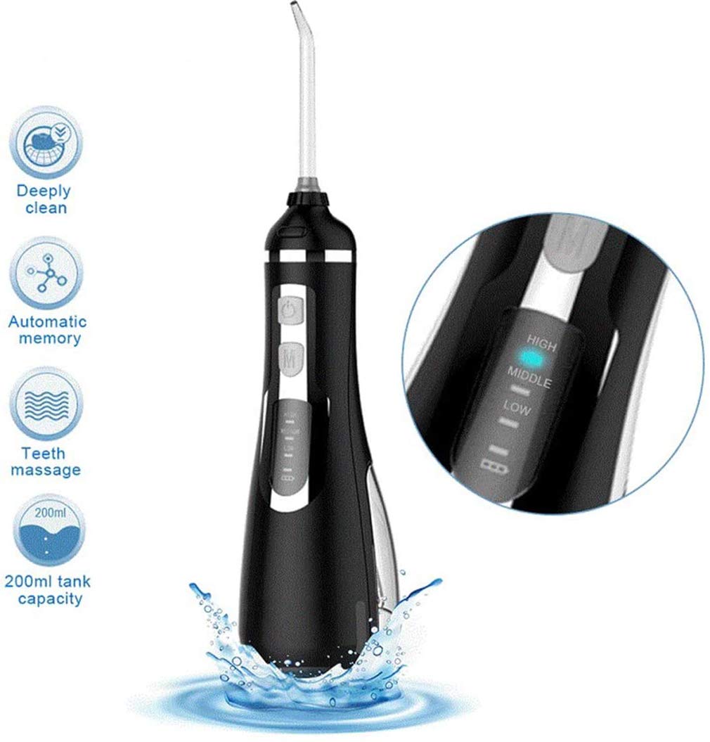 Irrigador bucal portátil / IPX7 Jet Wash Impermeable para Dientes, 3 Modos, con indicador LED, para Viajes y Familia,Negro