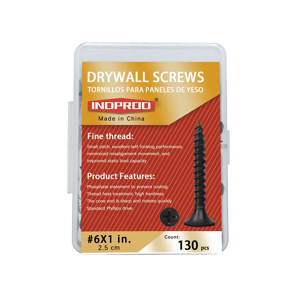 INDPROD Drywall Screws, #6 x 1 in., Fine Thread Phillips Bugle Head Screw for Drywall/Wood, Black Phosphate Coated Finish, Sharp Point, High Hardness