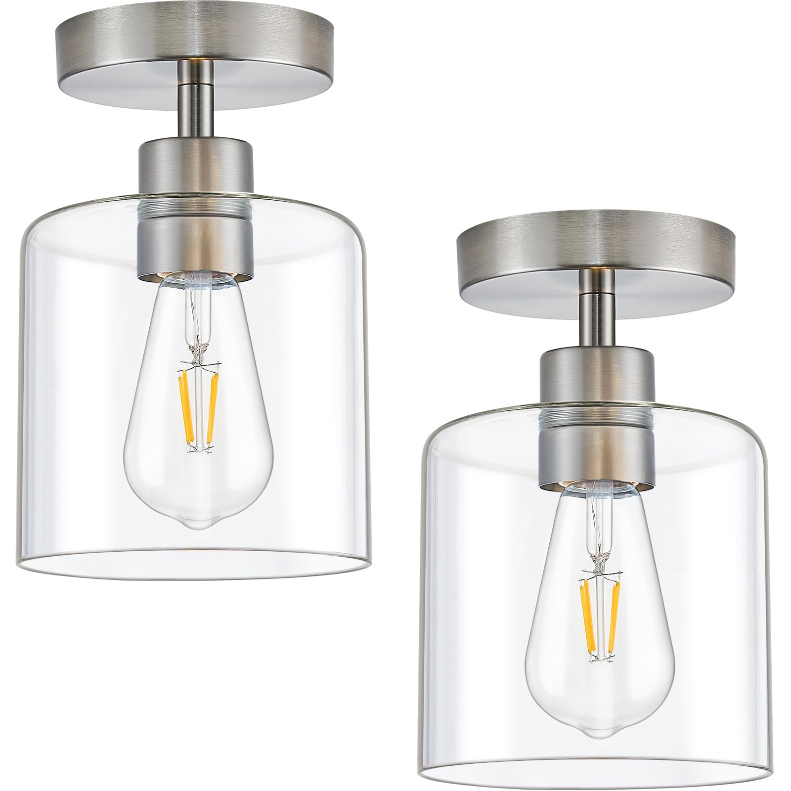 WOKNOS Industrial 2 Pack Clear Glass Semi Flush Mount Ceiling Lights,E27 Nickel Metal Base Ceiling Lamp,Light Fittings Ceilings for Kitchen,Hallway,Bedroom,Living Room,Landing,Porch