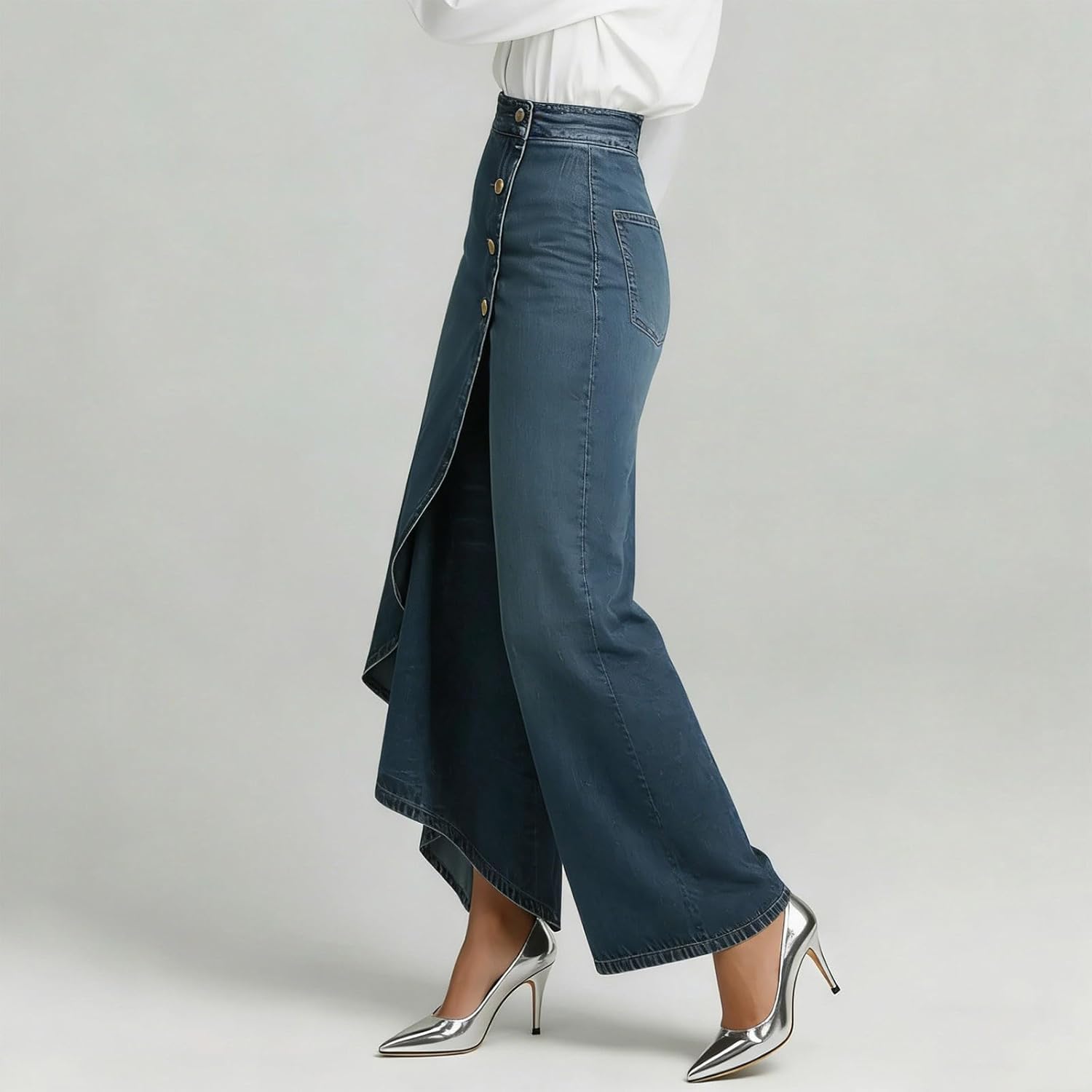 Women's Asymmetrical Ruffle Wide Leg Denim Pants Skirt High Waist Overlay Jeans Button Fly Vintage Streetwear Pants