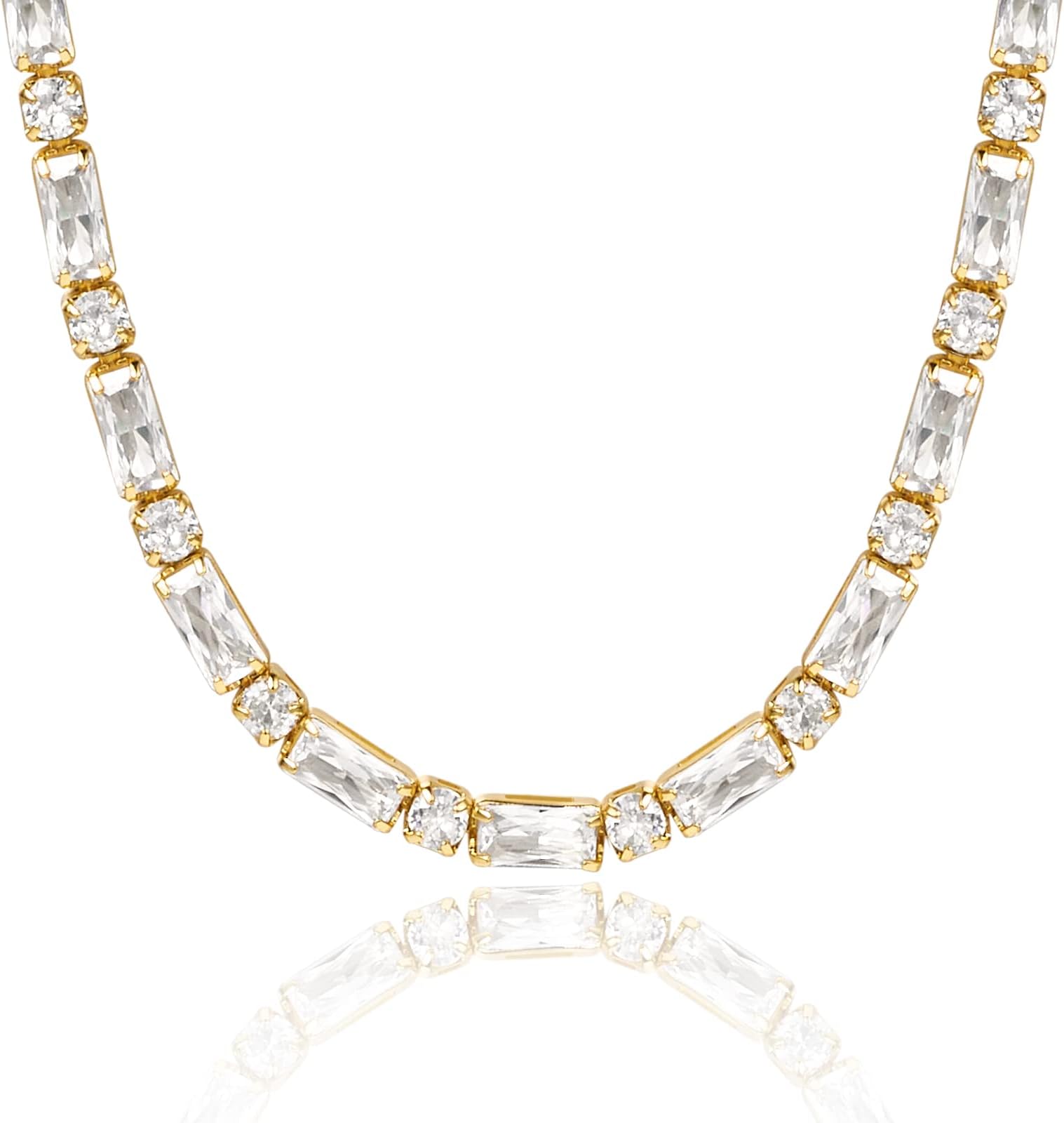 KissYanTennis Necklace for Women, 14K/White Gold Plated Diamond Cubic Zirconia Baguette Tennis Chain Chunky Choker Necklace Dainty Jewelry Gifts