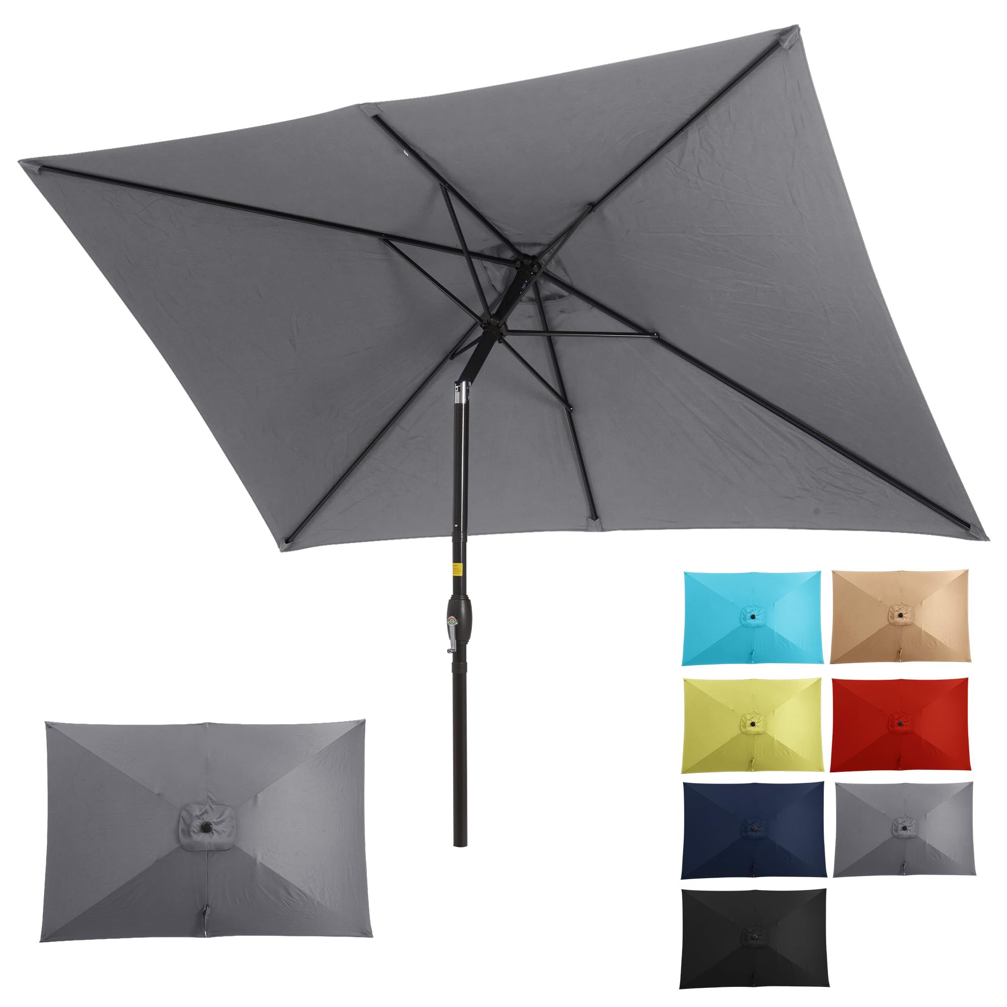 SUNVIVI OUTDOOR Sombrilla rectangular de 6.5 x 10 pies, poste de aluminio, sombrilla de mercado para mesa al aire libre con manivela, 6 varillas de acero, toldo de poliéster, color gris