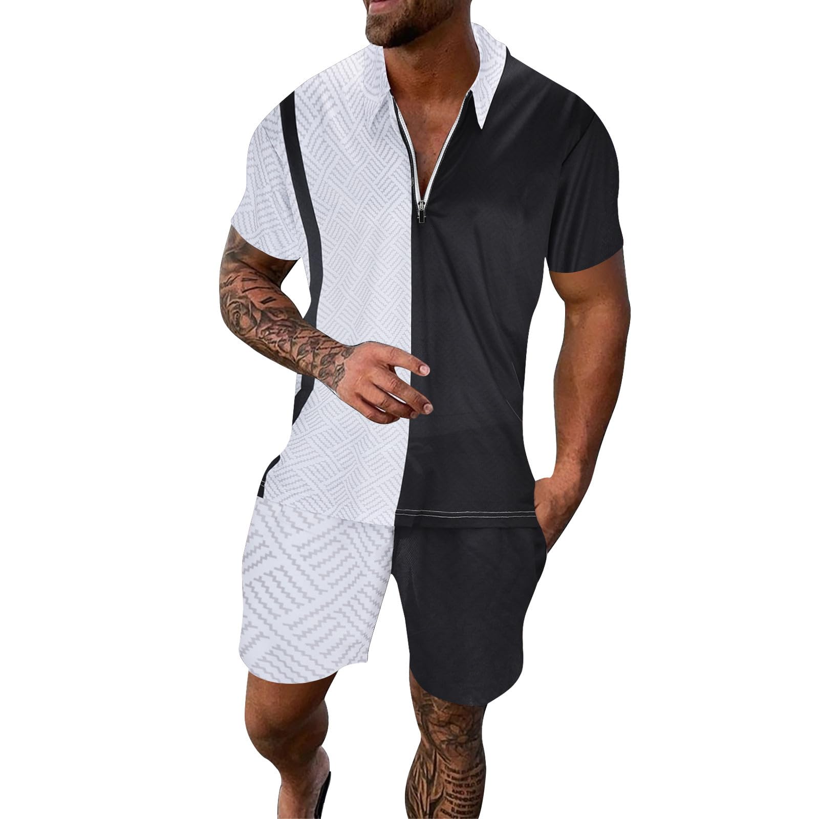 Herren Sportanzug Gedruckte Sommer Trainingsanzug Gestreift Laufen und Herrenshorts Atmungsaktives Fitnessanzug mit Reißverschluss lässigem Polohemd Set Funktionsanzug für Party Strand