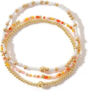 Gold Beaded Bracelets Stack for Women, 3PCS Colorful Bohemian Stackable Layered Adjustable Stretch Non-Tarnish Seed Beads Bracelet Set, Dainty Jewelry Fall Fashion Accessory Friendship Gift