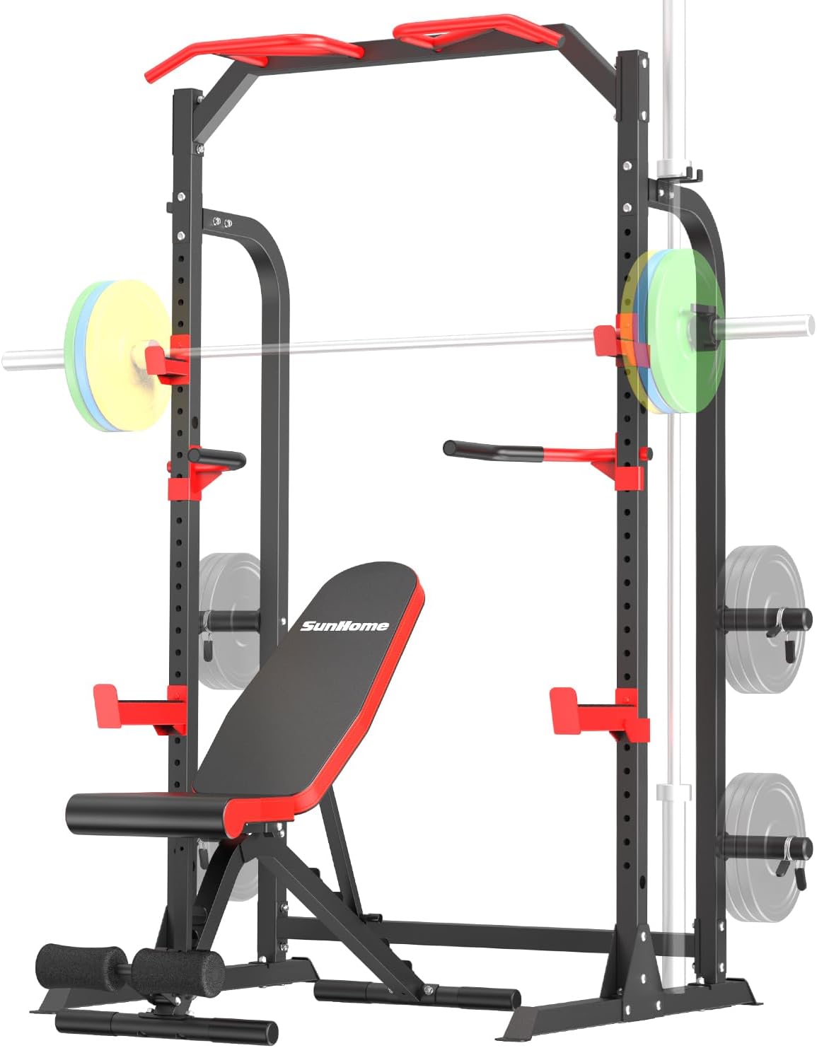 SunHome Power Cage Squat Rack with Bench, Multi-Functional Power Rack with J-Hooks, Dip Handles, Weight Plate and Olympic Bar Storage Home Gym