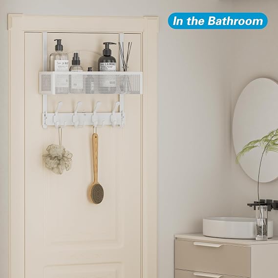 Over The Door Hooks, Door Hanger Towel Rack with 1 Basket, Over Door Organizer for Bathroom White